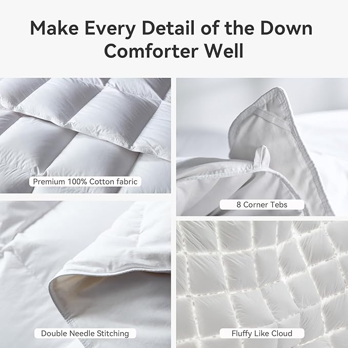 L LOVSOUL Goose Feather Down Fiber Comforter Full Size, 100% Organic Cotton Fabric Duvet Insert,1200TC,750+Fill Power, Hotel Collection, All Season White Bedding Comforters with 8 Tabs