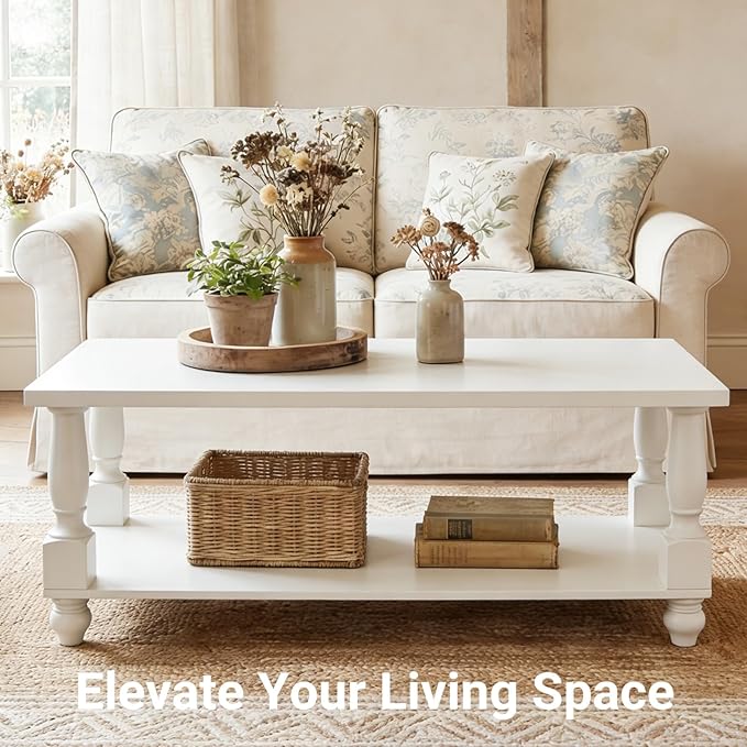 Homieasy Farmhouse Coffee Table with Storage, 47" Rectangular Living Room Center Table with Solid Wood Legs and Thickened Top, 2-Tier Wood Coffee Table with Turned Legs, Easy Assembly, White
