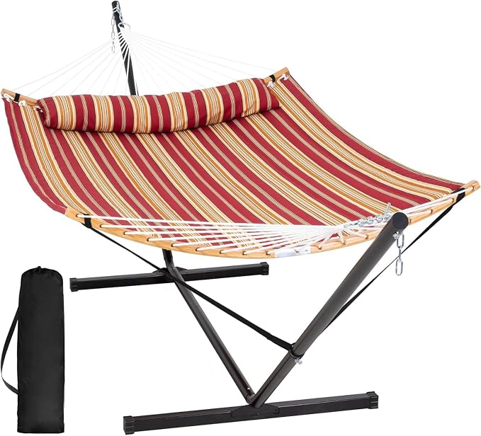 SUNCREAT Hammocks Portable Hammock with 12 ft Stand Included, Double Hammock with Curved Spreader Bar, Red Stripes by SUNCREAT