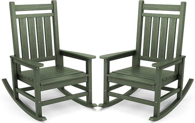 SERWALL Oversized Outdoor Rocking Chair Set of 2, HDPE Rocker for Adults, Patio Rocking Chairs for Porch, Avocado Green by SERWALL