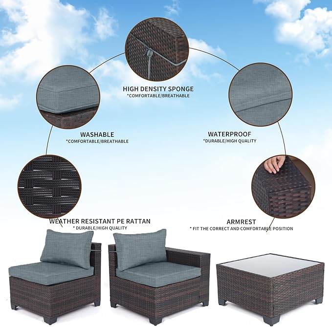 CHABATREE 9 Pieces Outdoor Patio Furniture Sets,Rattan Conversation Sectional Set,Manual Weaving Wicker Patio Sofa with Tea Table