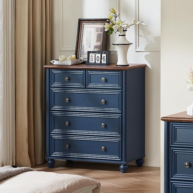 RWYHG Farmhouse 5 Drawer Dresser Set of 2, Blue Rustic Chest of Drawers, 35.5" Tall Small Dressers for Bedroom with Roman Column and Metal Handles,Wood Storage Organizer for Living Room,Hallway,Closet - Image 5