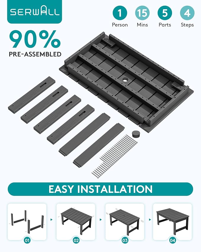 SERWALL Outdoor Coffee Table with 1.69" Umbrella Hole, HDPE Patio Coffee Table for Outside, Rectangle, Gray - Image 7