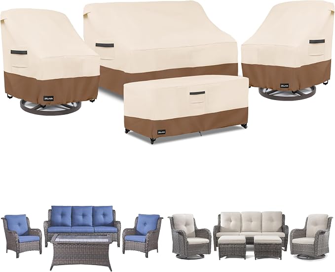 ANartcle Patio Furniture Covers 4 Piece Set, 600D Waterproof Heavy Duty Outdoor Furniture Covers,Fit Wicker Patio Sofa, Swivel Rocker Chair and Coffee Table,Beige&Brown by PatioFurnitureCovers