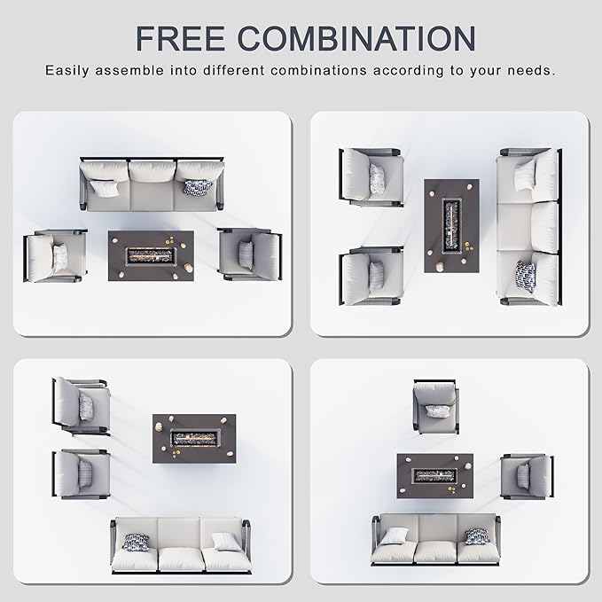 4 Pieces Outdoor Patio Conversation Sets, Outdoor Furniture Set Metal 3-Seater, 2 Single Chairs, Fire Pit Table for Backyard Deck Porch Poolside, Beige
