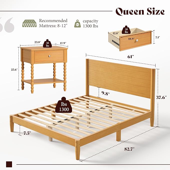 AMERLIFE 3 Piece Bedroom Set Includes Solid Wood Queen Platform Bed Frame with Headboard and 2 Nightstands with Spindle-Turned Legs, Mid Century Modern Bedroom Furniture, Natural