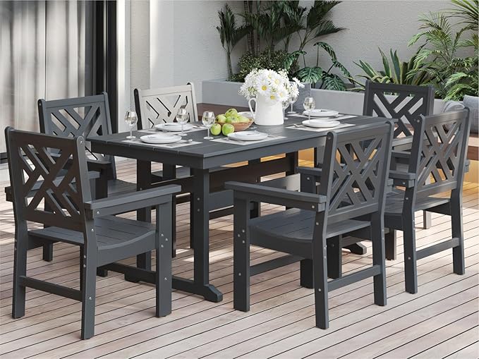 7-Piece Outdoor Dining Set, HDPE All-Weather Patio Table and Chairs Set for 6, Outdoor Patio Furniture Sets with Umbrella Hole for Outside, Deck, Backyard, Garden (Black) by BIVODA