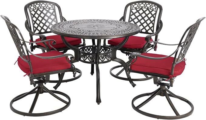 Cast Aluminum Outdoor Patio Dining Set, All Weather Outdoor Furniture Dining Set for Patio, Balcony, Lawn, Garden, Backyard (1 Round Table+4 Red Swivel Dining Chairs) by Sumshadow