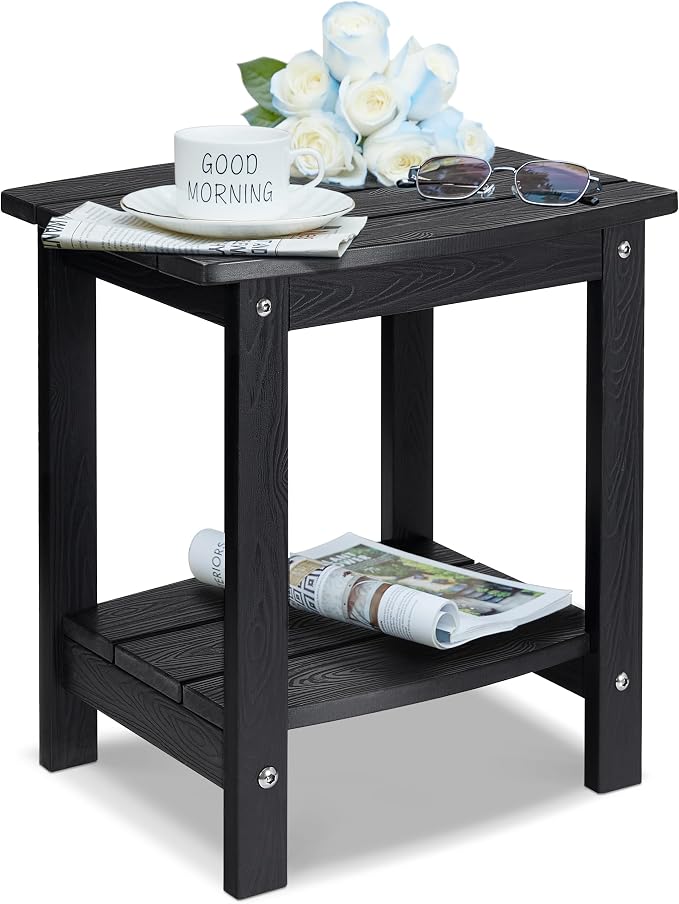 Y&M Outdoor Side Table, HIPS Adirondack Small Double Layer Table, Waterproof Square Outside Table, Balcony Modern End Tables for Patio, Pool, Beach, Porch, Deck, Indoor or Outdoor Use, Black by YM