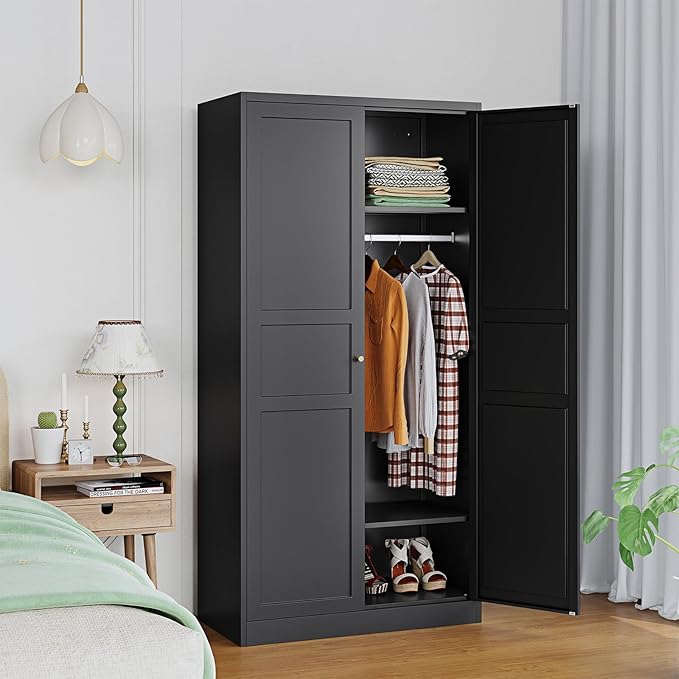 Metal Wardrobe Closet Cabinet,Armoire Wardrobe Closets Storage Cabinets with Doors and Shelves for Laundry Room,Bedroom,Home Office,Bathroom(Black