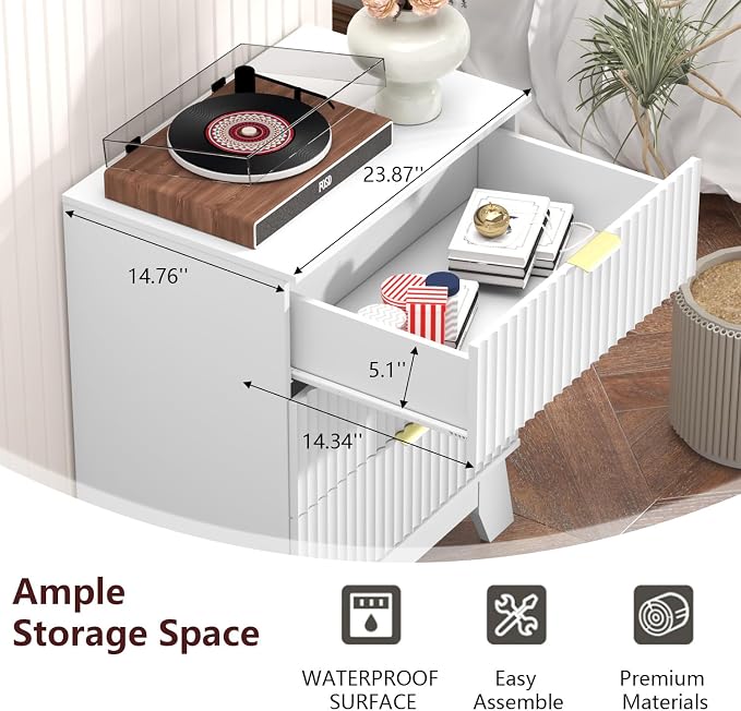 Nightstand with 3 Large Drawers,24" Wide End Table with Curved Metal Handles,Fluted Wood Small Dresser,Bedside Table,Modern Chest of Drawers for Bedroom,Living Room, White - Image 8