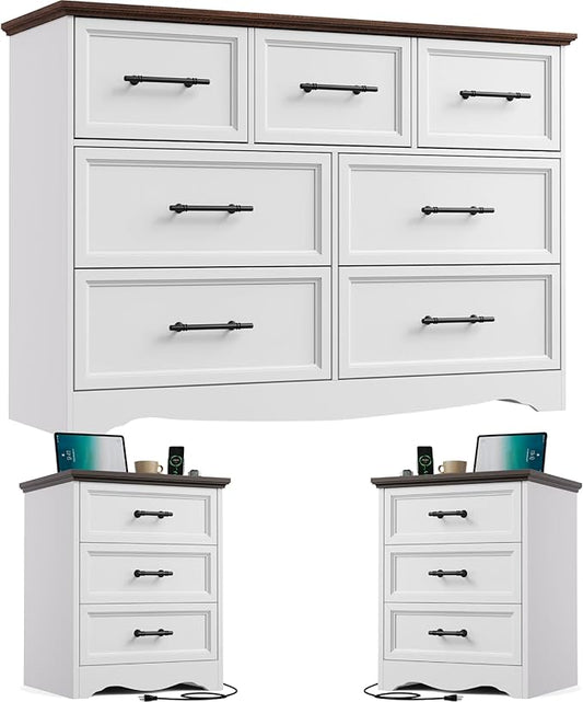 Bedroom Set, 3 Pieces Bedroom Furniture Set, Wood 7 Drawer Dresser and 3 Drawers Nightstands with Charging Station, Farmhouse Storage Organizer Cabinet for Bedroom, White