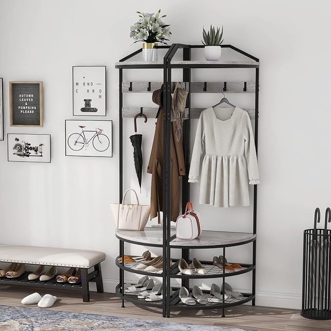 GiftGo Grey Corner Hall Tree with Shoe Bench Entryway Coat Rack with 10 Metal Movable Hooks Rustic Farmhouse Floorstanding Clothes Rack Shoes Shelf Organizer for Home Office Bedroom (Greige) - Image 3