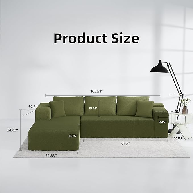 105" Cloud Sectional Couch with L-Shape Chaise,Modern Modular Sofa with Deep Seat, Fluffy Boneless Couches for Living Room Bedroom,No Assembly Required, Green (Plush Wool Fabric)