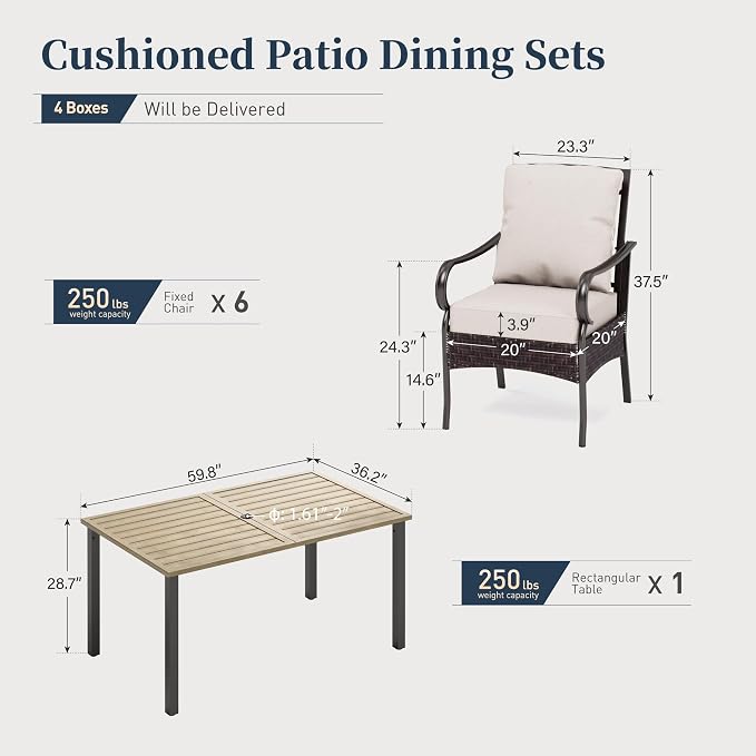 SUNSHINE VALLEY 7 Piece Patio Dining Sets for 6, Outdoor Table and Chairs with Cushioned Wicker Patio Dining Chairs & Wood-Like Dining Table (1.61-2”Umbrella Hole), Outdoor Dining Sets for Backyard - Image 6