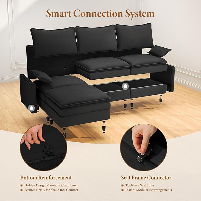 Vesgantti 108" Modular Sectional Sofa, Comfy Cloud Couch with Flexible Ottoman Deep Seat Chenille L Shaped Modular Sofa, Sectional Couches for Living Room, Bedroom and Apartment, Black