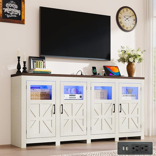74" Large LED Farmhouse TV Stand for 80/75/70 Inch TVs with Power Outlets ,Tall Entertainment Center Storage Cabinets,Rustic TV Stands for Living Room wAdjustable Shelves,Media Console(Off white) by chartustriable