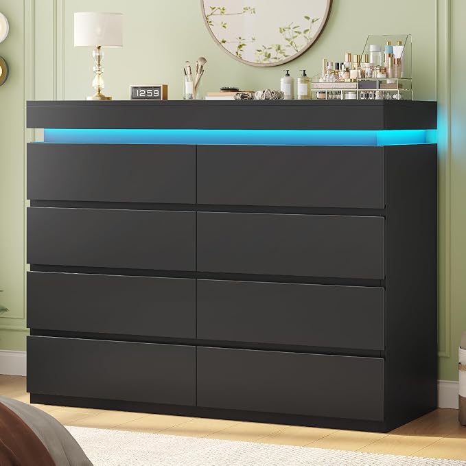 HAUOMS 8 Drawer Dresser with LED Light, Black Modern Chest of Drawers for Bedroom,Closet Dressers with Drawers for Living Room, Entryway, Hallway by HAUOMS