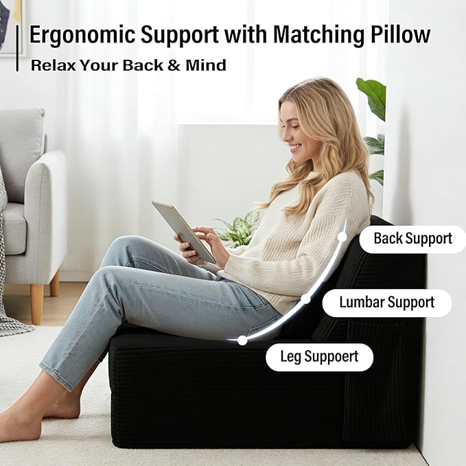 Folding Sofa Bed with Pillow, Convertible Sleeper Chair, Comfy Floor Futon Couch Mattress Lounge Sofa for Adults Portable Fold Out Chair Bed for Living Room Bedroom, Single, Black