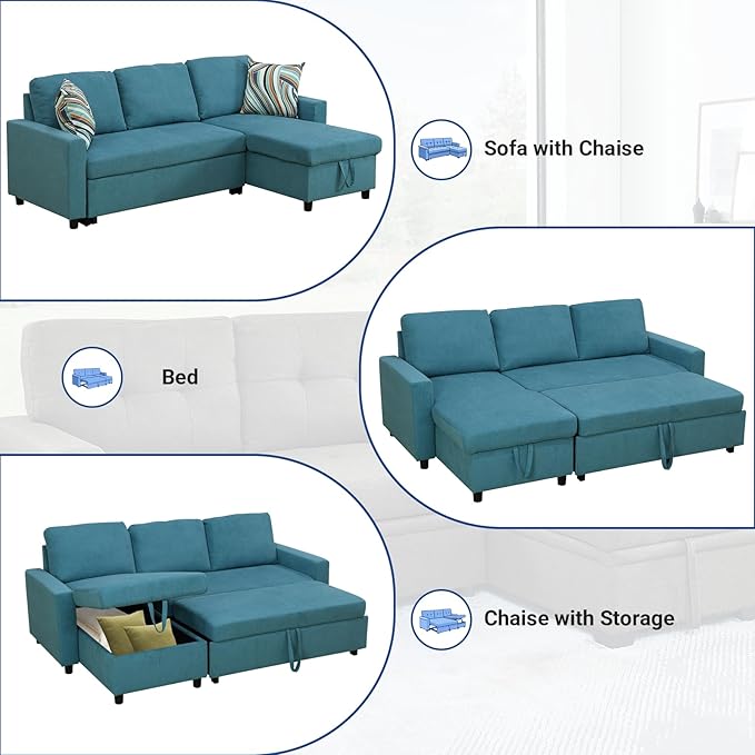 Rovibek 83" Convertible Sofa Bed Couch with Storage - 4 in 1 L Shaped Sofa with Pull Out Couch Bed for Living Room, Apartment, Office, Small Spaces, Cyan