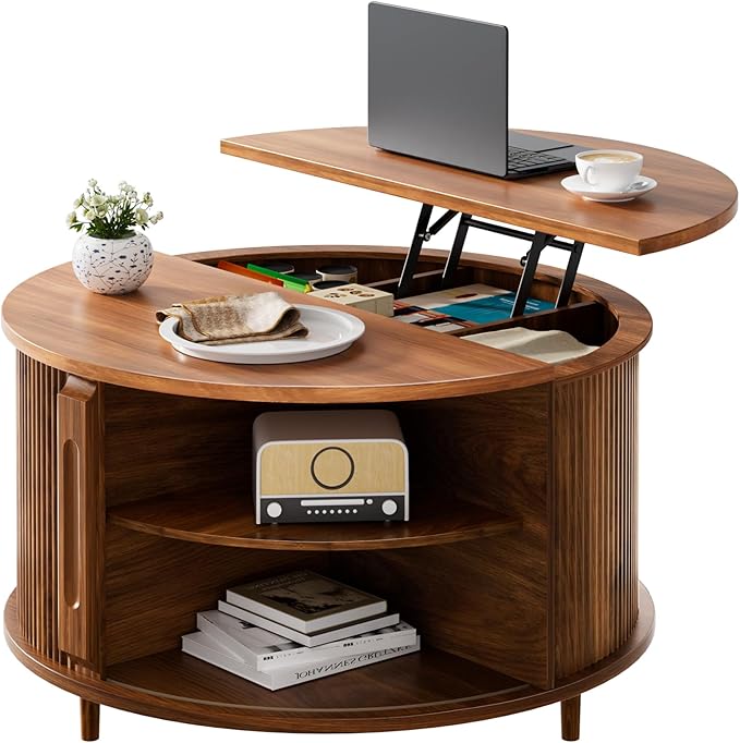 Round Lift Top Coffee Table, 31.5" Fluted Wood Lift Up Center Table with Sliding Door & Hidden Storage – Mid Century Modern Circle Coffee Table for Living Room, Home Office, Apartment (Walnut)