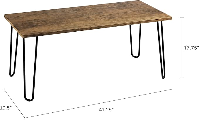 Lavish Home Small Space Coffee Table with Hairpin Legs – Minimalist Industrial Living Room Table with Woodgrain-Look Top and Steel Legs (Brown)