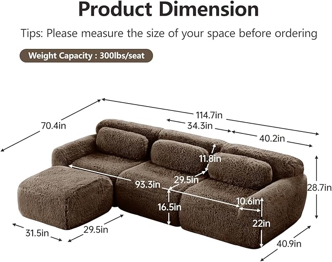 114.7" L-Shaped Boneless Modular Sofa, Plush Foam Lounge Couch, 32D High Density Sponge, Plush Convertible Sofa Set Deep Seat Couches for Living Room, Bedroom and Apartment, Chocolate