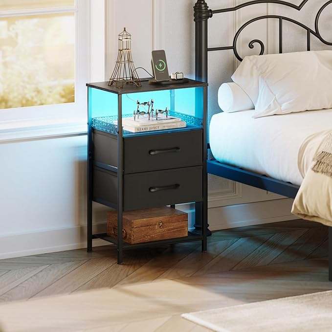 JARHETUN Nightstand Set of 2 with Charging Station, Night Stands with LED Lights, 26.4 Inch Tall Bedside Table with Metal Shelf, Side Table with 2 Fabirc Drawers for Bedroom, Black - Image 2