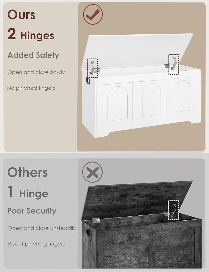 DINZI LVJ Storage Chest, 39.4” Wooden Toy Box with 2 Safety Hinges, Entryway Shoe Bench with Flip-Top, Sturdy Large Storage Trunk for Living Room, Bedroom, Playroom, Easy Assembly, White - Image 4