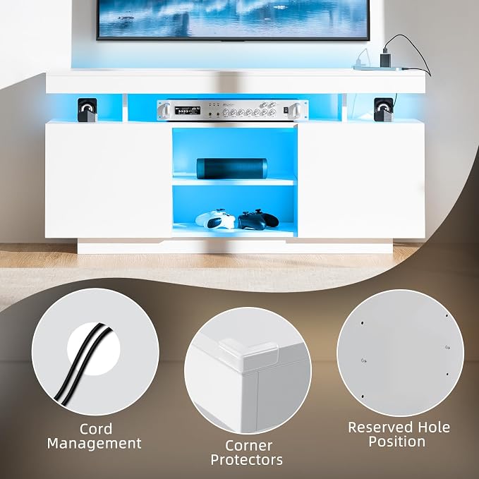 HOMMPA Modern LED TV Stand for 55/50/43/40/32 inch TV with Power Outlets, Gaming Console Storage Entertainment Center with LED Lights Game Cabinet for Living Room White - Image 8