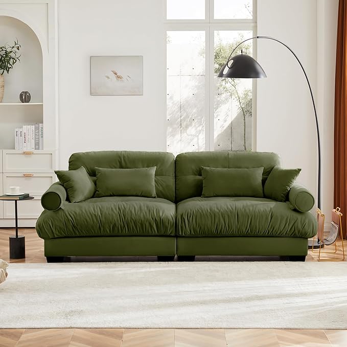 KEIKI 94" Oversized Velvet Modular Sectional Loveseat Sofa with High-Density Foam Cushions and Bolstered Armrests, Upholstered Modern Style 2-Seater Cloud Couch with 4 Pillow, for Living Room, Green