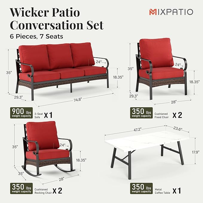 Patio Furniture Set with Coffee Table, Outdoor Conversation Set with 2 x Fixed Chairs, 2 x Rocking Chairs, 1 x 3-Seat Sofa for Lawn Garden Backyard, Red