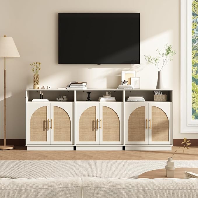 HOKYHOKY Rattan Shoe Storage Cabinet with 2 Arched Doors, 5-Tier Deep Shoe Organizer with Adjustable Shelves, Farmhouse Boho Shoe Rack Cabinet for Entryway, Rustic White - Image 9