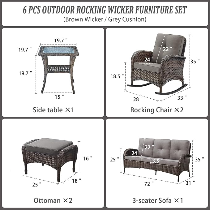 Belord Patio Rocking Chairs Furniture Set of 6, Outdoor Wicker Furniture Sets with Wicker Rocker, Small Patio Conversation Sets with Outdoor Couch Ottomans Brown/Grey