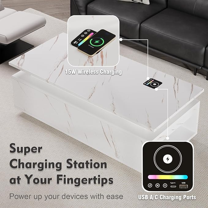 47" Modern LED Coffee Table with Wireless Charging, Bluetooth Speaker, and USB Ports, High Glossy Marble Coffee Table with Large Open 2-Tier Storage and Shelves for Living Room - White