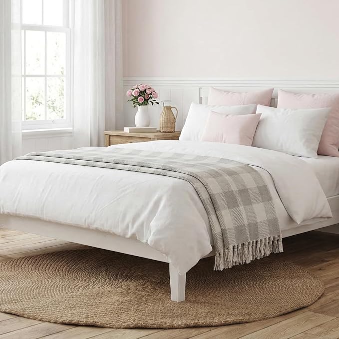 Americanflat 50x60 Throw Blanket - Soft and Breathable Cotton Throw Blanket for Couch, Bed, Chair - Decorative Blankets Perfect for Home, Office, or Outdoor Use - Cream and Beige Plaid Design