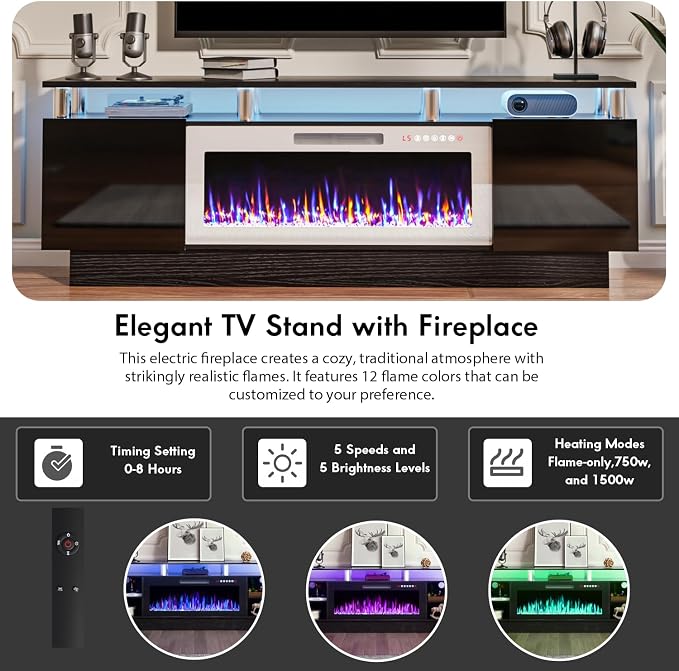 TAVATA 70" Fireplace TV Stand Up to 80" TVs, High Gloss Modern Entertainment Center with Storage, Wood Media Console Cabinet with 36" Fireplace & Open Shelf for Living Room, Black+White - Image 3