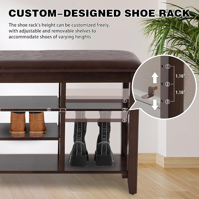 PY HOME & SPORTS Shoe Rack for Entryway 31.5": 3-Tier Shoe Storage Bench,Adjustable/Removable Shelves, Rubberwood Shoe Benches for Hallway, Porch, Bathroom, Brown - Image 7