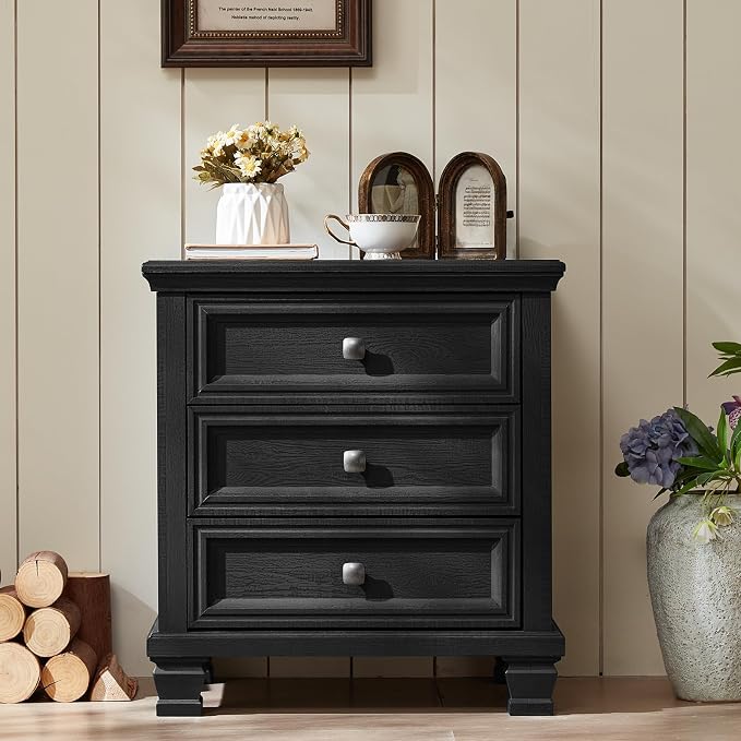 SAVOR LIFE Farmhouse Nightstand with 3 Drawers, Rustic Couch End Table with 4 Square Solid Wood Legs, Mid-Century Modern Bed Side Table with Storage, Small Dresser for Bedroom, Living Room, Black - Image 4