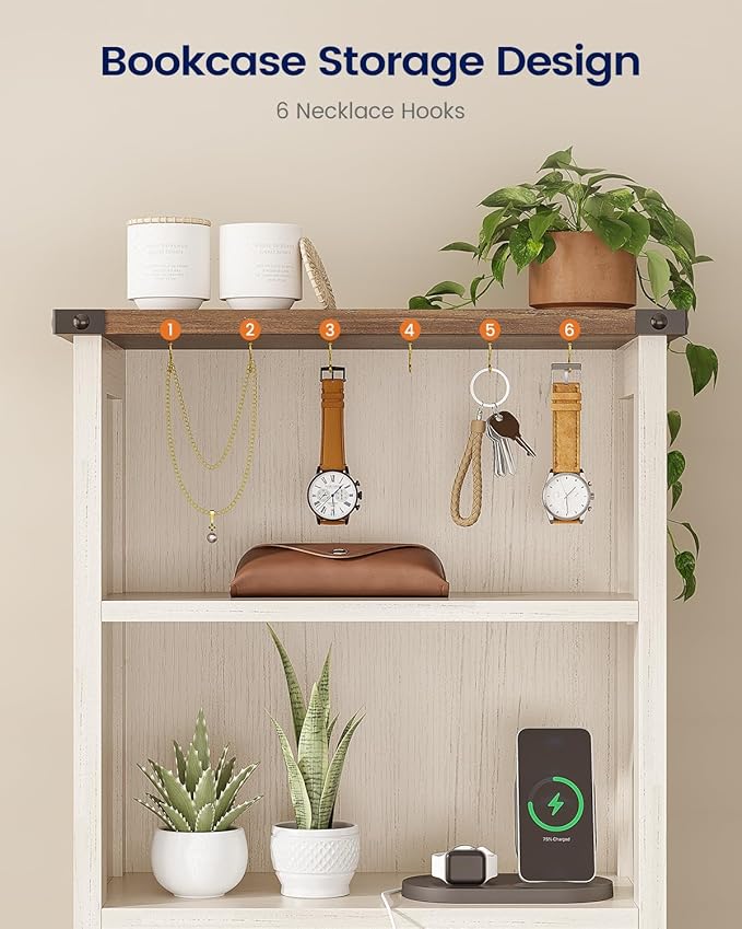 Farmhouse Tall Nightstand with Charging Station and Bookshelf,Led Wood Night Stand with 2 Drawers, Bedside End Side Table with 6 Hooks and Storage Shelves for Bedroom, Antique White - Image 4