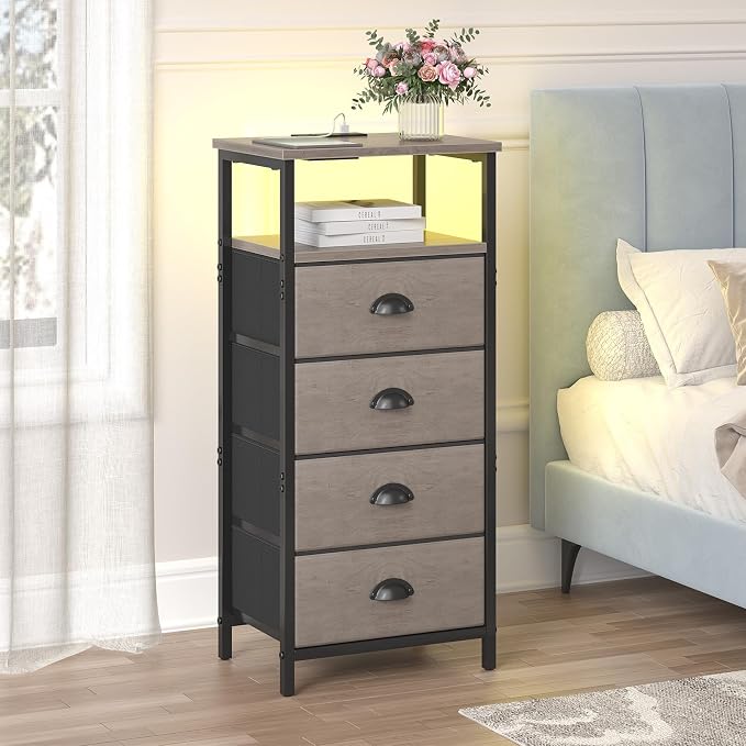 sthmec Nightstand with Charging Station,LED Grey Nightstand with 4 Fabric Drawers, Bedside End Tables, 2-Tier Open Storage Shelf Side Table Nightstand with Drawers for Bedroom,Grey - Image 2