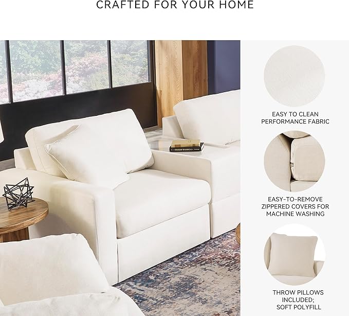 Signature Design by Ashley Modmax Coastal Modular Stain Resistant 3-Piece Sectional with Audio Console, Drawer, USB Ports and 2 Accent Pillows, Beige