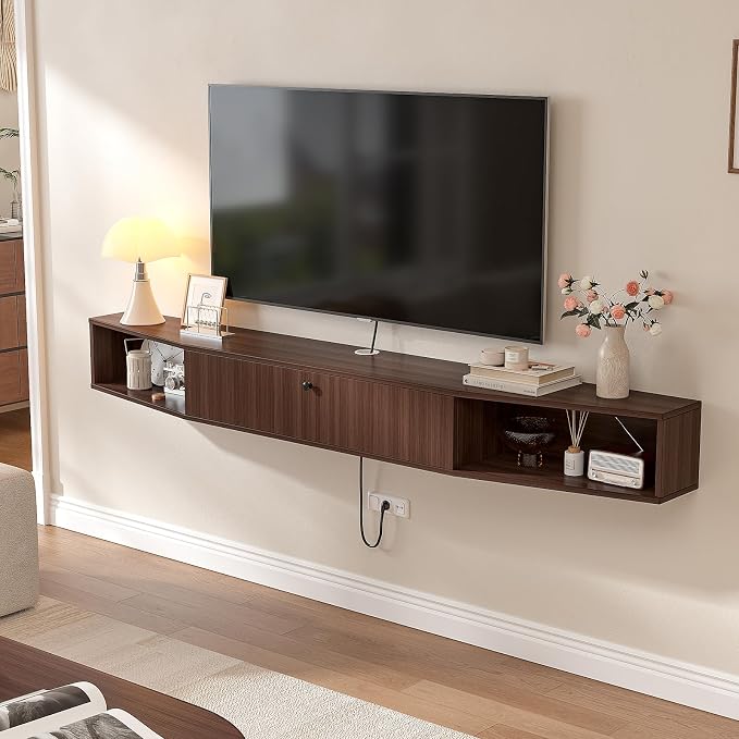 70inch Floating TV Stand, Plywood Wall Mounted Media Console with 1 Flip Down Door & 4 Open Shelves, Modern Floating Entertainment Center with Wire Management for Living Room, Walnut - Image 3
