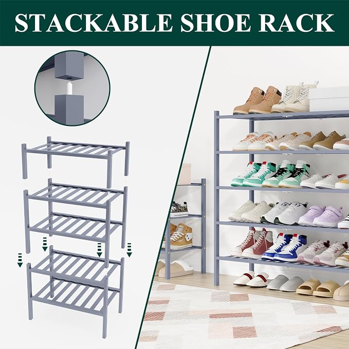 Smiry Shoe Rack, 6 Tier Long Bamboo Shoe Organizer, Stackable Free Standing Wooden Shoe Storage Shelf for Closet, Entryway, Front Door Entrance, Grey - Image 5