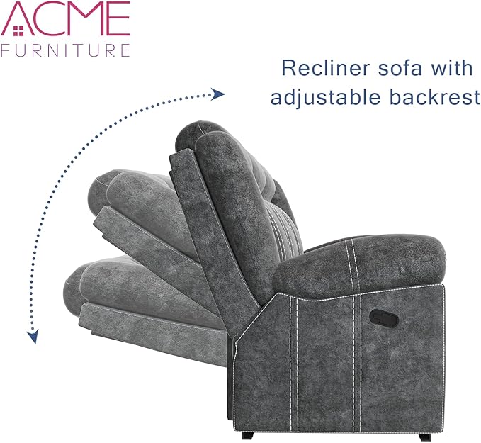 Acme Furniture Zubaida 41" x 87" Modern Velvet Reclining Sofa with USB Dock, 1 Storage Drawer, Tight Back & Seat Cushion, in 2-Tone Gray Finish