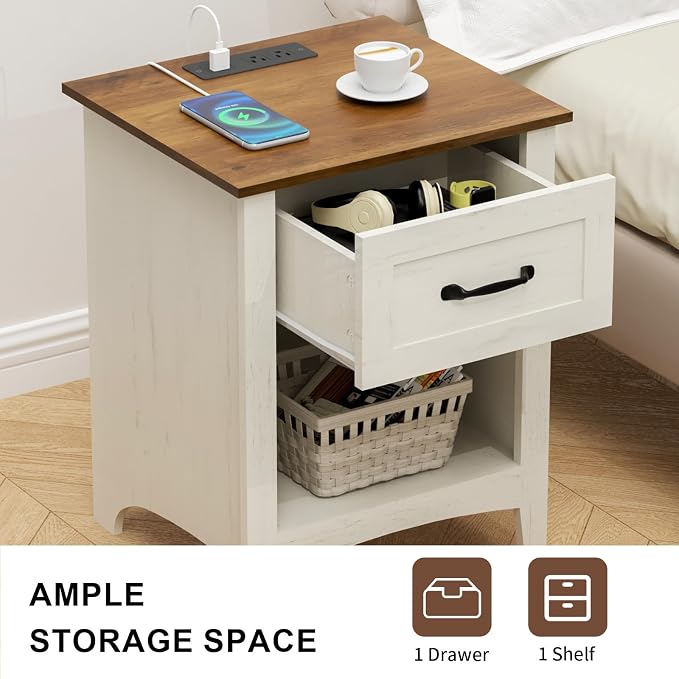 HOMMPA Farmhouse Nightstand with Charging Station Set of 2, Mid Century Modern Night Stand w/Drawer & Open Shelf, Wood Bedside Table Night Table, Rustic End Table for Bedroom, Rustic White - Image 4