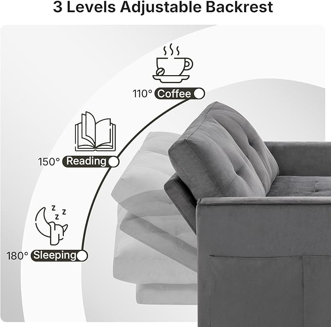 Rovibek 3-in-1 Velvet Sleeper Sofa Bed, Convertible Pull Out Couch for Living Room with Adjustable Backrest, Side Pockets, Velvet Fabric Loveseat Sofa for Apartment, Grey