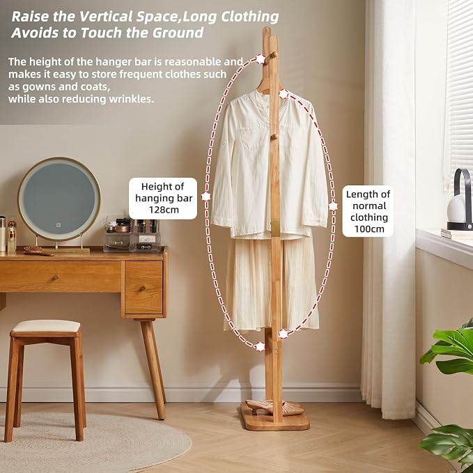 Aibiju Coat Rack Freestanding, Coat Tree with 2 Main Rods and Stable Design, Clothes Racks for Hanging Coats Clothes Suits Jacket, Easy to Assemble and Very Sturdy, Natural Wood Color USYD-202 - Image 3