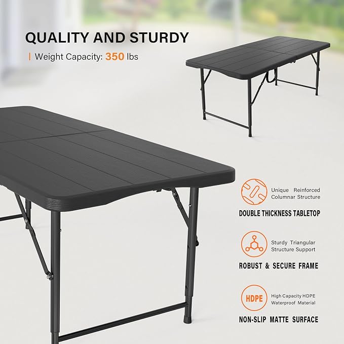 VINGLI 4 FT Plastic Folding Camping Table,3-Level Adjustable Height, Portable in/Outdoor Party Picnic Dining Desk,Off-White Garden Soccer Multipurpose Entertaining Activities, Black - Image 4