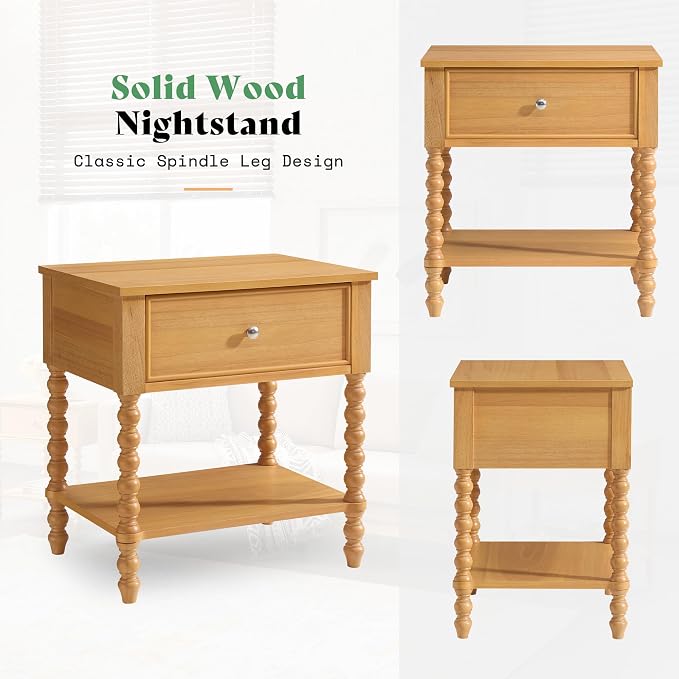 AMERLIFE 24" Wood Nightstand, Vintage Bedside Table for Bedroom, Solid Wood Night Stand with Turned Legs, End Table with Drawer & Open Shelf, Large/Tall Nightstand, Natural Finish - Image 7